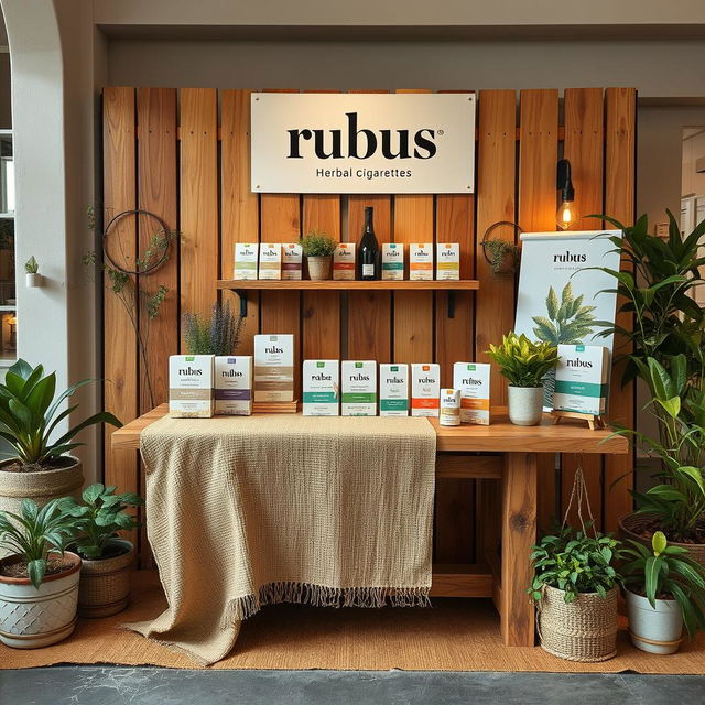 A cozy and eco-friendly medium stand setup for a herbal cigarettes brand called 'rubus'