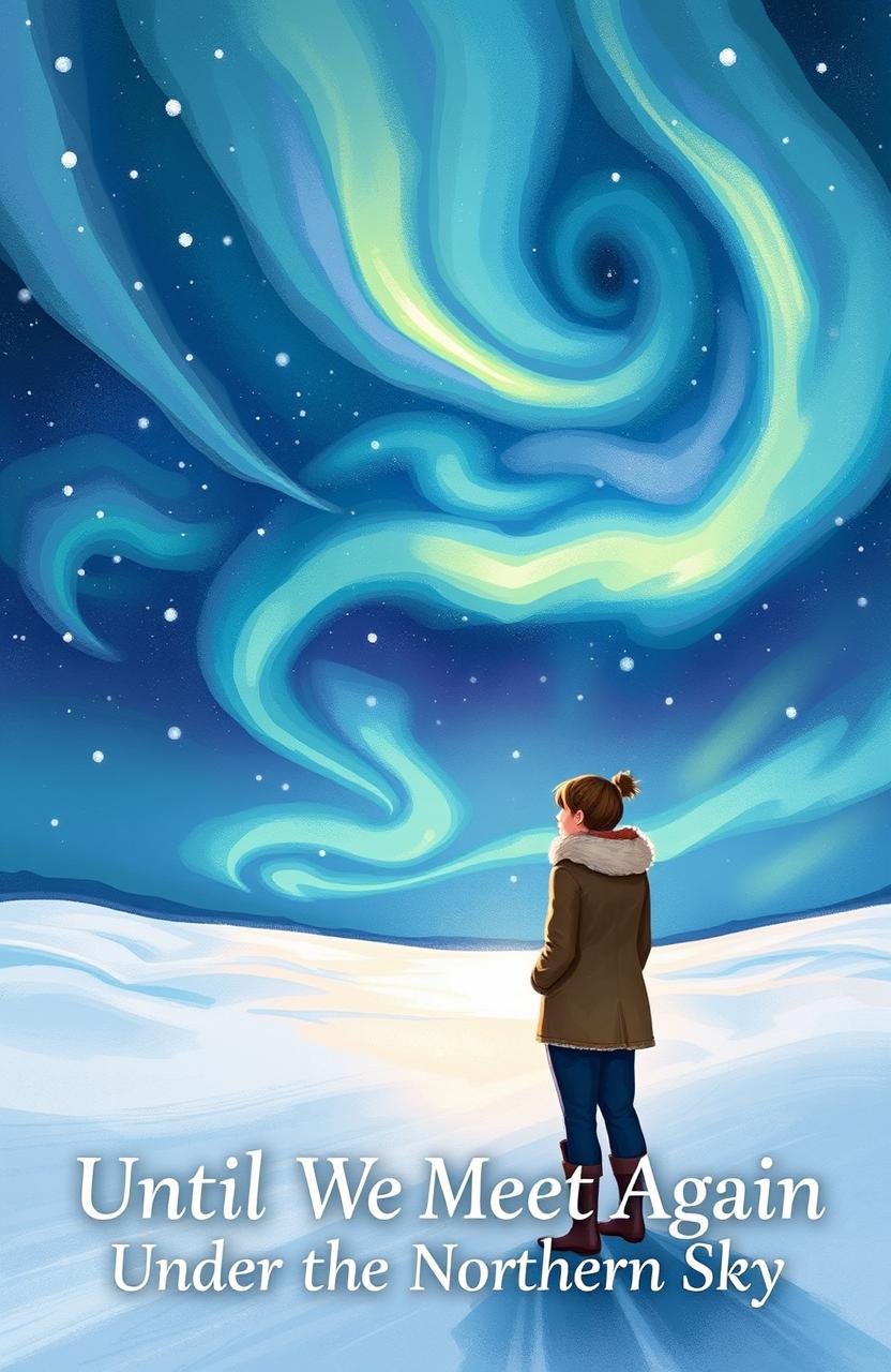 An impressionistic cover illustration for a book titled 'Until We Meet Again Under the Northern Sky,' depicting two lovers standing together in a snowy landscape, gazing up at a breathtaking display of vibrant northern lights