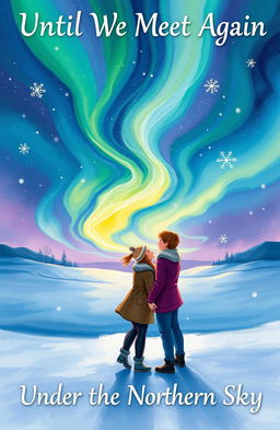 An impressionistic cover illustration for a book titled 'Until We Meet Again Under the Northern Sky,' depicting two lovers standing together in a snowy landscape, gazing up at a breathtaking display of vibrant northern lights
