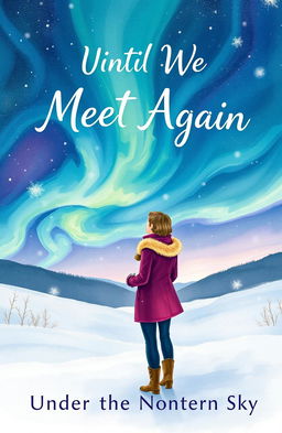 An impressionistic cover illustration for a book titled 'Until We Meet Again Under the Northern Sky,' depicting two lovers standing together in a snowy landscape, gazing up at a breathtaking display of vibrant northern lights