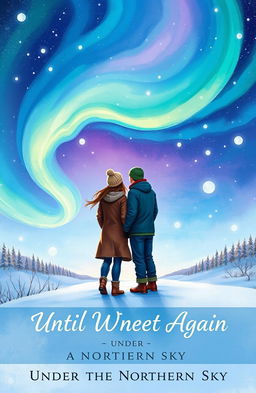 An impressionistic cover illustration for a book titled 'Until We Meet Again Under the Northern Sky,' depicting two lovers standing together in a snowy landscape, gazing up at a breathtaking display of vibrant northern lights