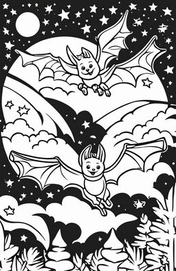 A child-friendly coloring page featuring an adorable family of cartoonish bats in mid-flight against a starry night sky background