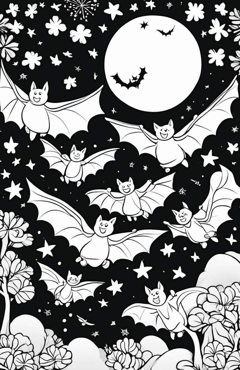 A child-friendly coloring page featuring an adorable family of cartoonish bats in mid-flight against a starry night sky background