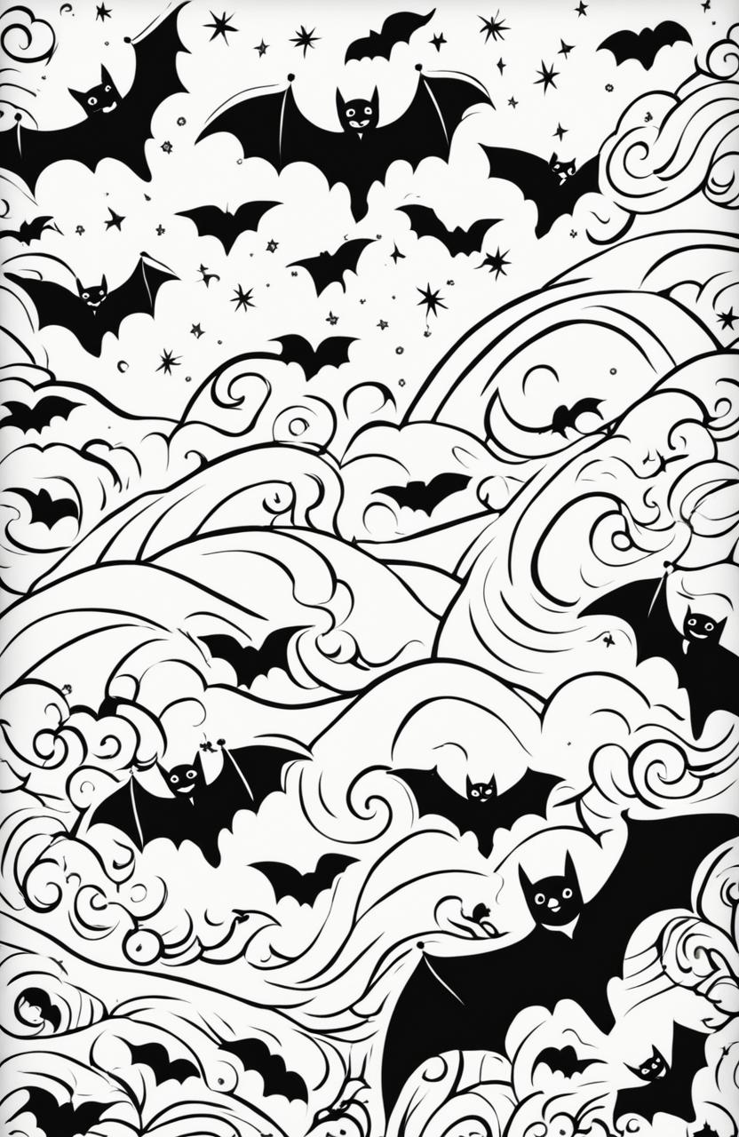 A child-friendly coloring page featuring an adorable family of cartoonish bats in mid-flight against a starry night sky background