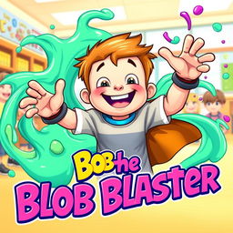 A cheerful, plump second grader boy with an adventurous smile, showcasing his unique slime superpowers, surrounded by vibrant, colorful slime forms swirling around him