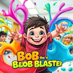 A cheerful, plump second grader boy with an adventurous smile, showcasing his unique slime superpowers, surrounded by vibrant, colorful slime forms swirling around him
