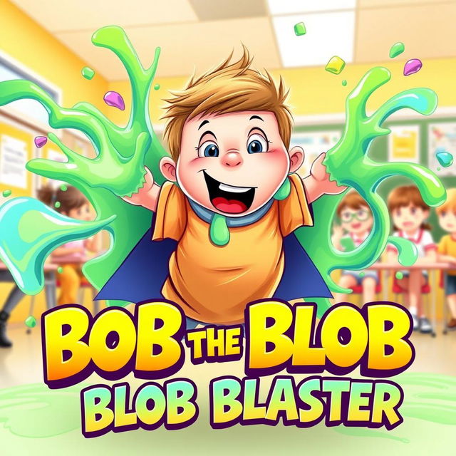 A cheerful, plump second grader boy with an adventurous smile, showcasing his unique slime superpowers, surrounded by vibrant, colorful slime forms swirling around him