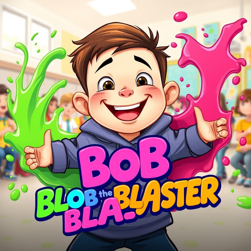 A cheerful, plump second grader boy with an adventurous smile, showcasing his unique slime superpowers, surrounded by vibrant, colorful slime forms swirling around him