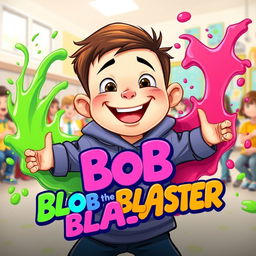 A cheerful, plump second grader boy with an adventurous smile, showcasing his unique slime superpowers, surrounded by vibrant, colorful slime forms swirling around him