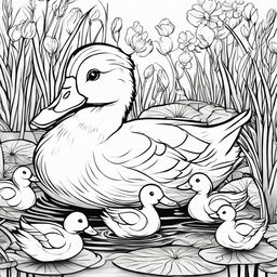 A detailed black and white colouring book page featuring an adorable duck with her ducklings in a pond setting.