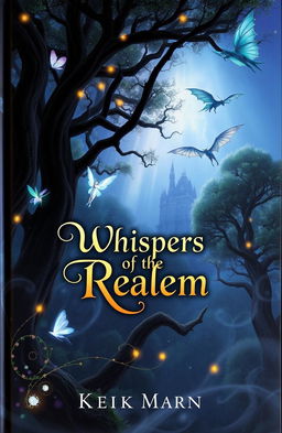 A mystical book cover featuring a dark, enchanting forest with towering ancient trees and glimmering fairy lights