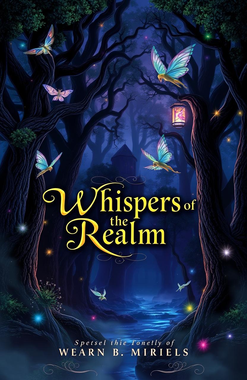 A mystical book cover featuring a dark, enchanting forest with towering ancient trees and glimmering fairy lights