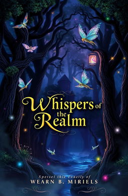 A mystical book cover featuring a dark, enchanting forest with towering ancient trees and glimmering fairy lights