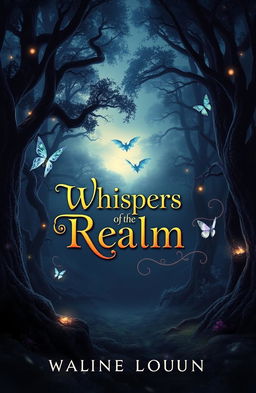 A mystical book cover featuring a dark, enchanting forest with towering ancient trees and glimmering fairy lights
