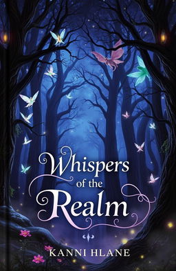 A mystical book cover featuring a dark, enchanting forest with towering ancient trees and glimmering fairy lights