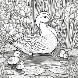 A detailed black and white colouring book page featuring an adorable duck with her ducklings in a pond setting.