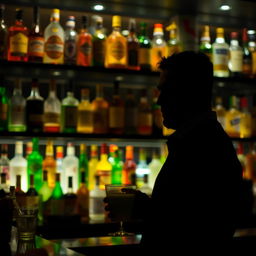 A bar scene featuring a counter with an array of colorful bottles displayed on shelves in the background