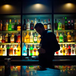 A bar scene featuring a counter with an array of colorful bottles displayed on shelves in the background