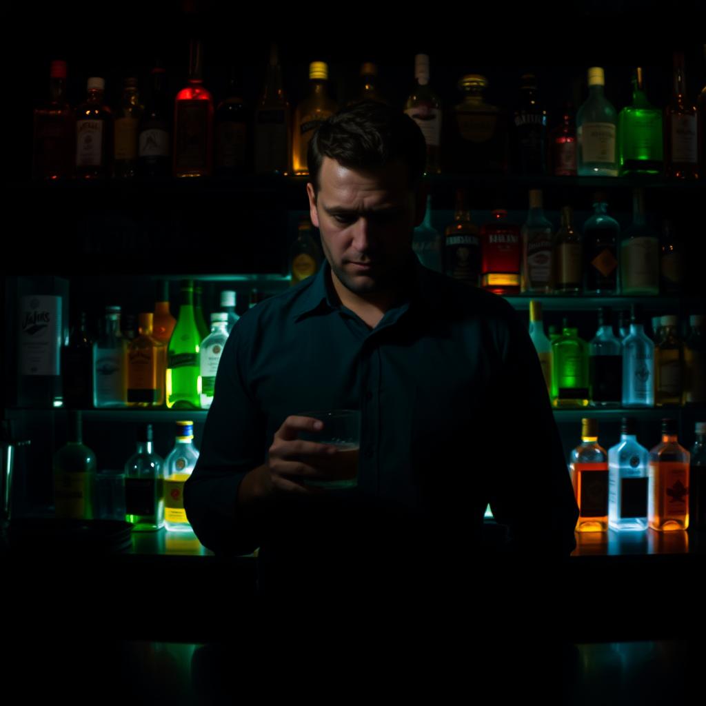 A bar scene featuring a counter with an array of colorful bottles displayed on shelves in the background