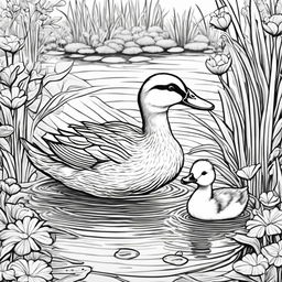 A detailed black and white colouring book page featuring an adorable duck with her ducklings in a pond setting.