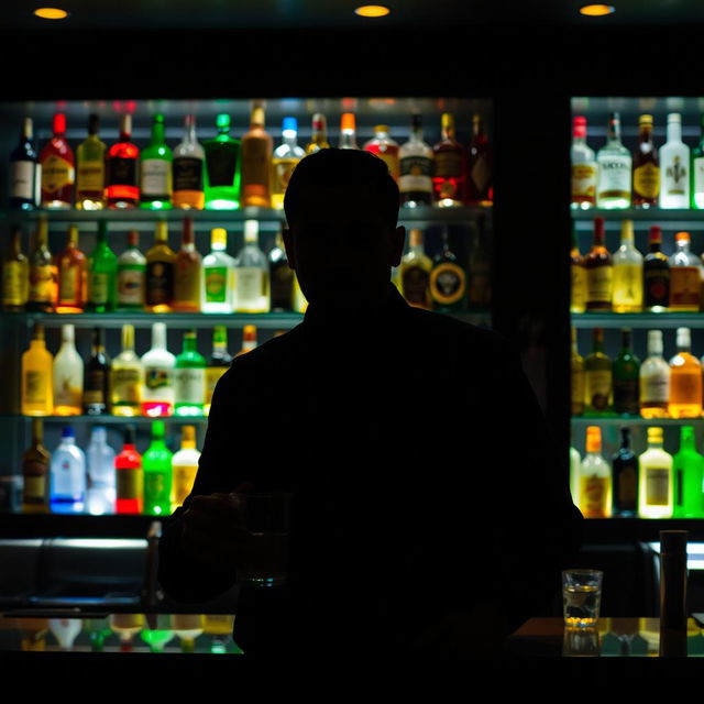 A bar scene featuring a counter with an array of colorful bottles displayed on shelves in the background