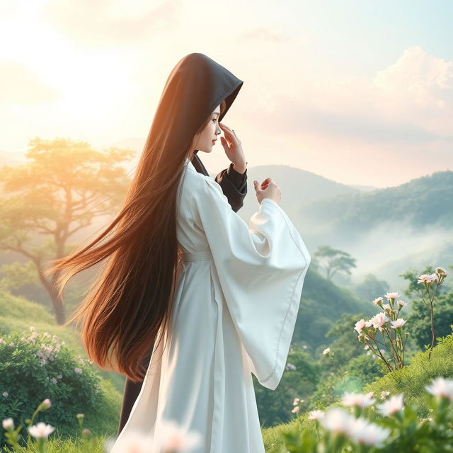 A stunning book cover showcasing a lovely heavenly nature background, featuring a serene landscape with vibrant greenery, soft pastel skies, and gentle rays of sunlight creating a peaceful ambiance