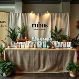 A large eco-friendly and cozy stand setup for a herbal cigarettes brand called rubus