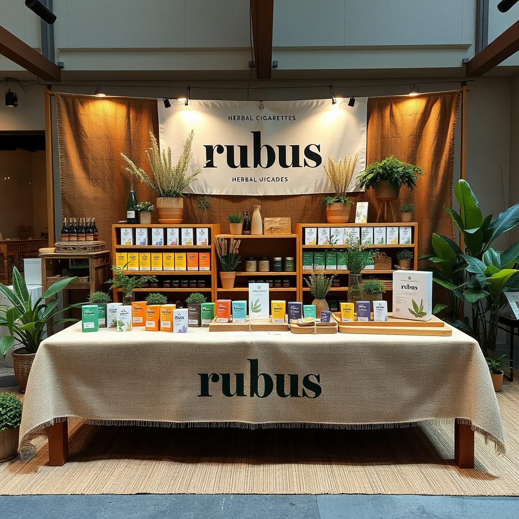 A large eco-friendly and cozy stand setup for a herbal cigarettes brand called rubus