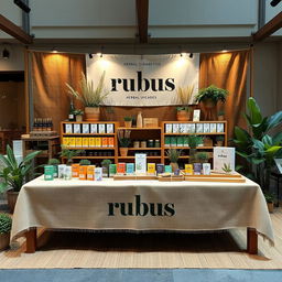 A large eco-friendly and cozy stand setup for a herbal cigarettes brand called rubus