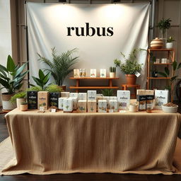 A large eco-friendly and cozy stand setup for a herbal cigarettes brand called rubus
