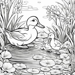 A detailed black and white colouring book page featuring an adorable duck with her ducklings in a pond setting.