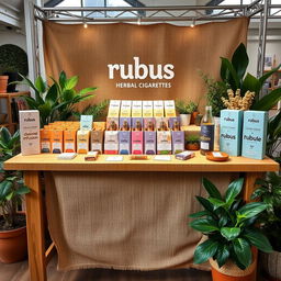 A large eco-friendly and cozy stand setup for a herbal cigarettes brand called rubus