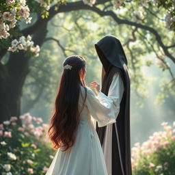 A captivating book cover featuring a breathtaking heavenly nature background, filled with lush greenery, soft pastel flowers, and gentle sunlight streaming through the trees, creating a serene and magical atmosphere