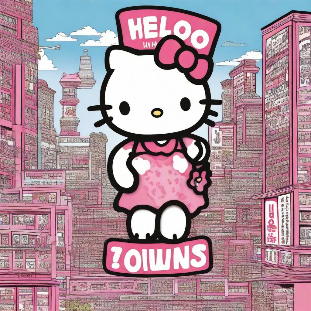 An intricate, lively depiction of Hello Kitty, beautifully detailed, proudly brandishing an enormous sign with 'Owns' written on it