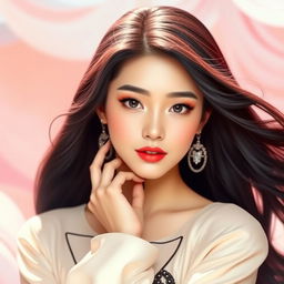 An artistic portrayal of a beautiful woman inspired by a K-pop star aesthetic, featuring long, dark hair styled elegantly, with vibrant makeup that highlights her features