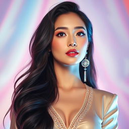 An artistic portrayal of a beautiful woman inspired by a K-pop star aesthetic, featuring long, dark hair styled elegantly, with vibrant makeup that highlights her features