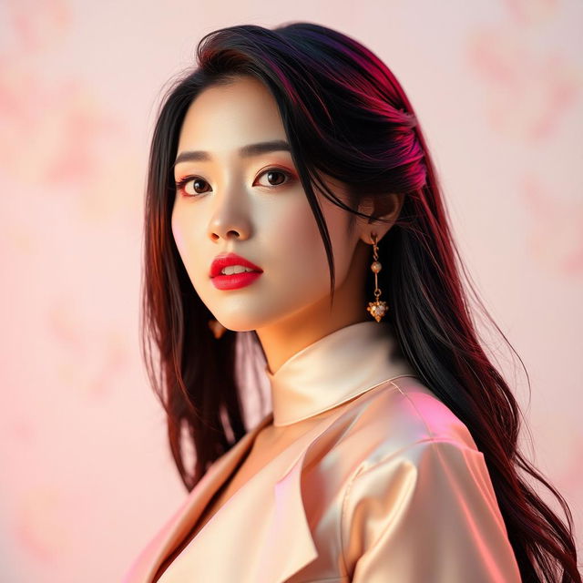 An artistic portrayal of a beautiful woman inspired by a K-pop star aesthetic, featuring long, dark hair styled elegantly, with vibrant makeup that highlights her features