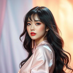 An artistic portrayal of a beautiful woman inspired by a K-pop star aesthetic, featuring long, dark hair styled elegantly, with vibrant makeup that highlights her features