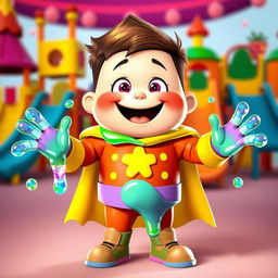 A cute, chubby second-grade boy known as Bob the Blob Blaster, joyfully showcasing his slime superpowers