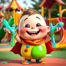A cute, chubby second-grade boy known as Bob the Blob Blaster, joyfully showcasing his slime superpowers