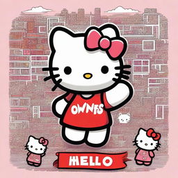 An intricate, lively depiction of Hello Kitty, beautifully detailed, proudly brandishing an enormous sign with 'Owns' written on it