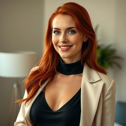 A 35-year-old woman with striking red hair, showcasing European features, gracefully dressed in stylish contemporary clothing