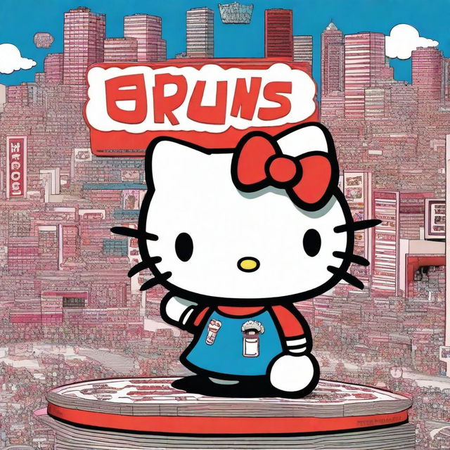 An intricate, lively depiction of Hello Kitty, beautifully detailed, proudly brandishing an enormous sign with 'Owns' written on it