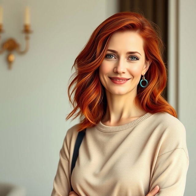 A 35-year-old woman with striking red hair, showcasing European features, gracefully dressed in stylish contemporary clothing