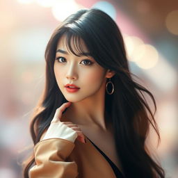 A stunning portrait of a beautiful woman inspired by the aesthetic of a K-pop star, featuring long, dark hair cascading elegantly over her shoulders