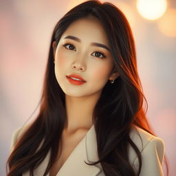 A stunning portrait of a beautiful woman inspired by the aesthetic of a K-pop star, featuring long, dark hair cascading elegantly over her shoulders
