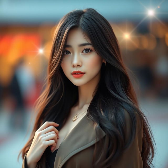 A stunning portrait of a beautiful woman inspired by the aesthetic of a K-pop star, featuring long, dark hair cascading elegantly over her shoulders