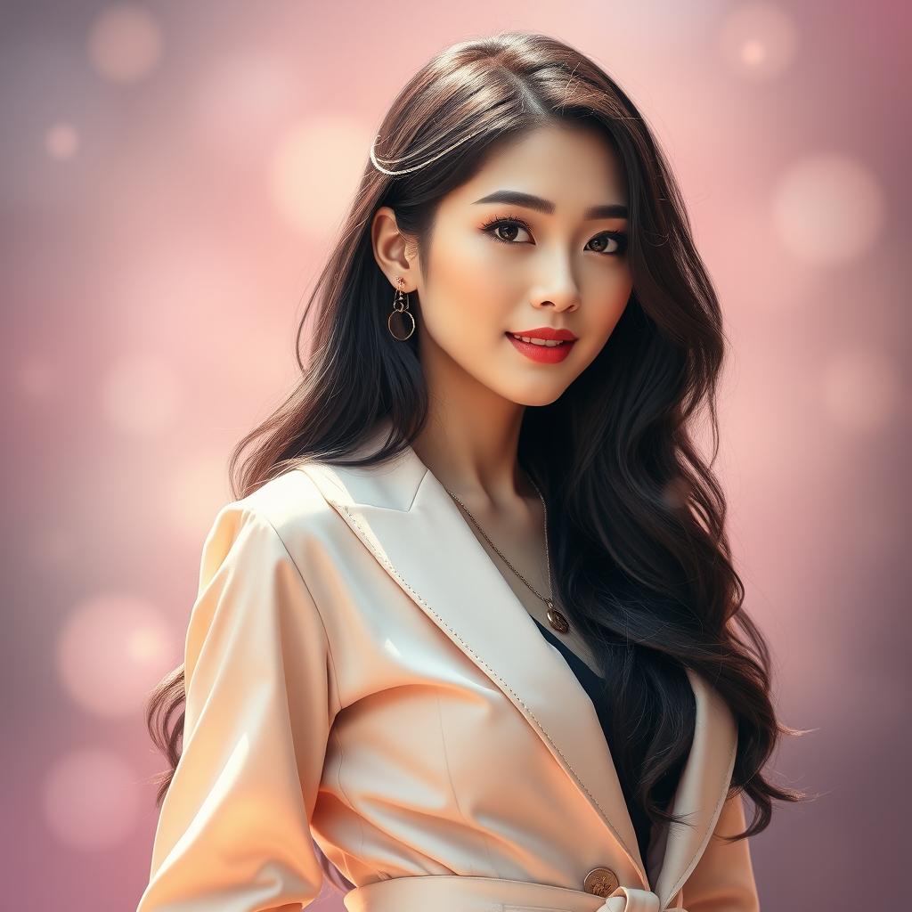 A stunning portrait of a beautiful woman inspired by the aesthetic of a K-pop star, featuring long, dark hair cascading elegantly over her shoulders