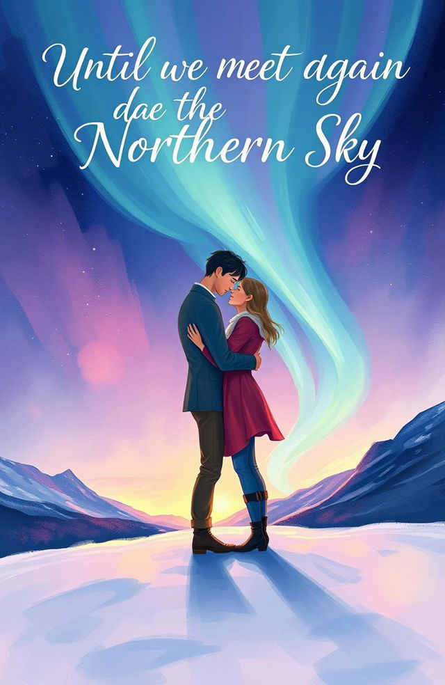 A captivating book cover illustration for 'Until We Meet Again Under the Northern Sky', depicting a romantic scene of two lovers meeting under the mesmerizing northern lights