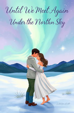 A captivating book cover illustration for 'Until We Meet Again Under the Northern Sky', depicting a romantic scene of two lovers meeting under the mesmerizing northern lights